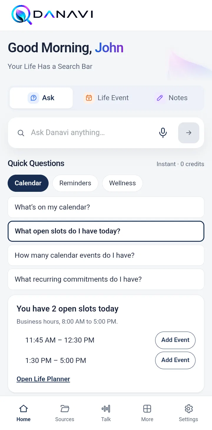 Danavi showing open time slots