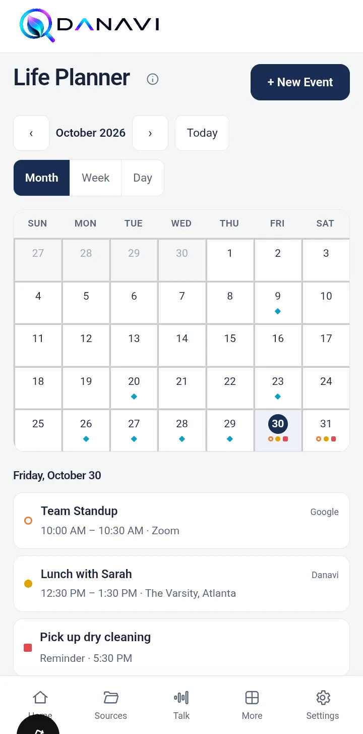 Life Planner month view with today's events